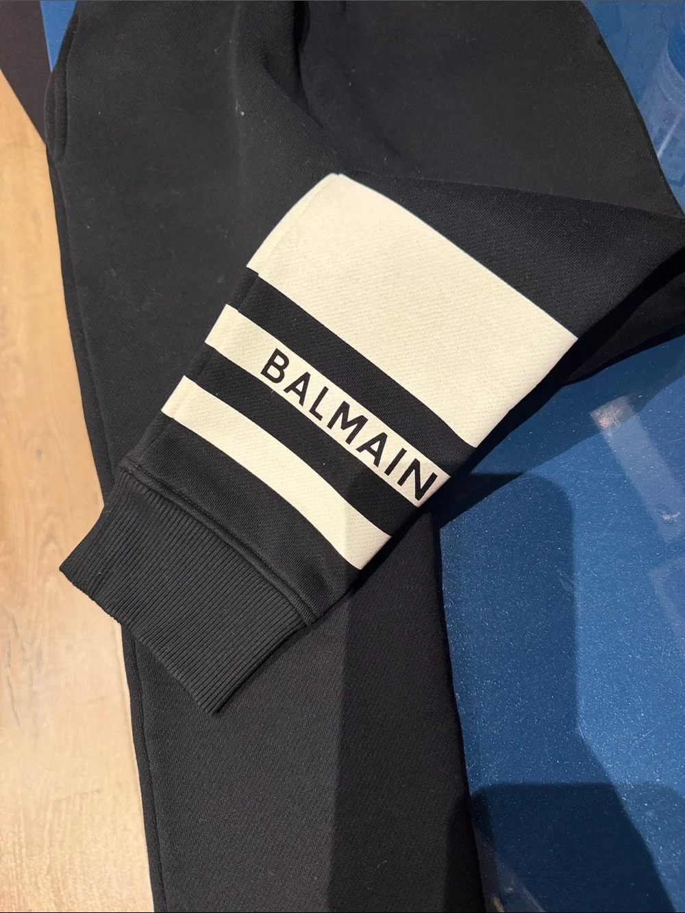 Balmain Authentic Black Sweatpants with Cream Stripe and Logo never worn.